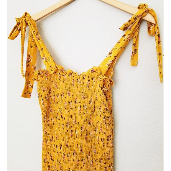 NEW Free People Bella Smocked Slip Tie Strap Bodycon Mini Dress XS Yellow Gold - Picture 5 of 12